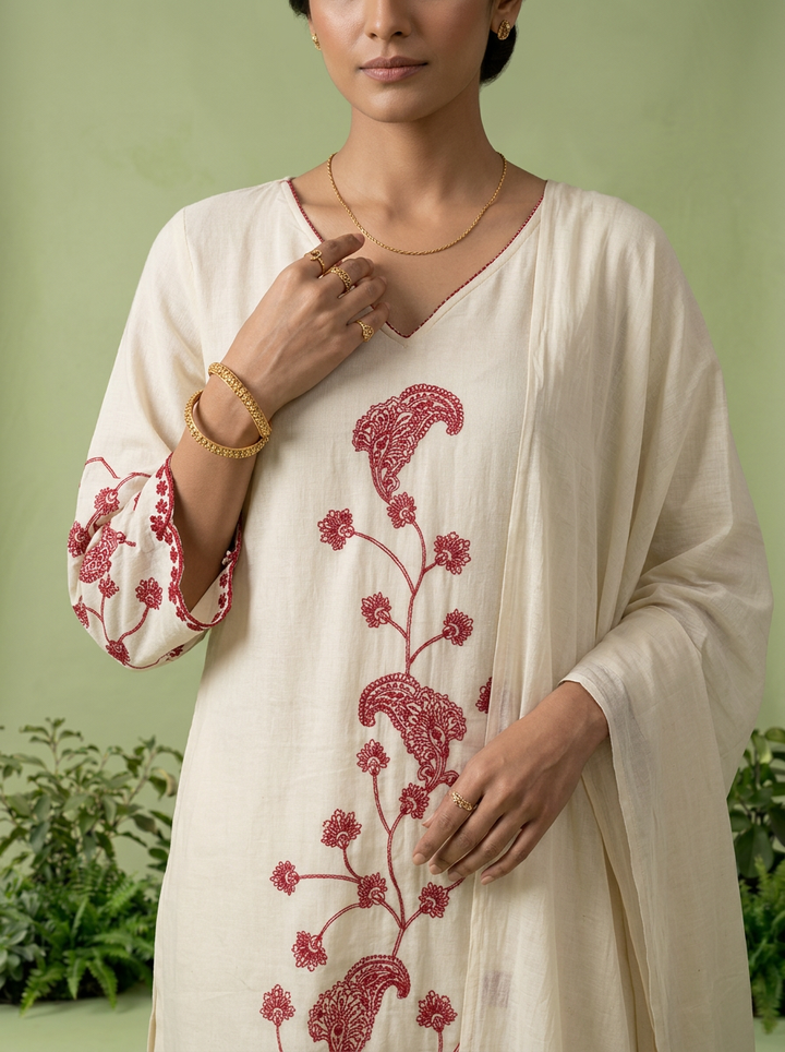 Wine Thread Embroidered Cotton Three Piece Set