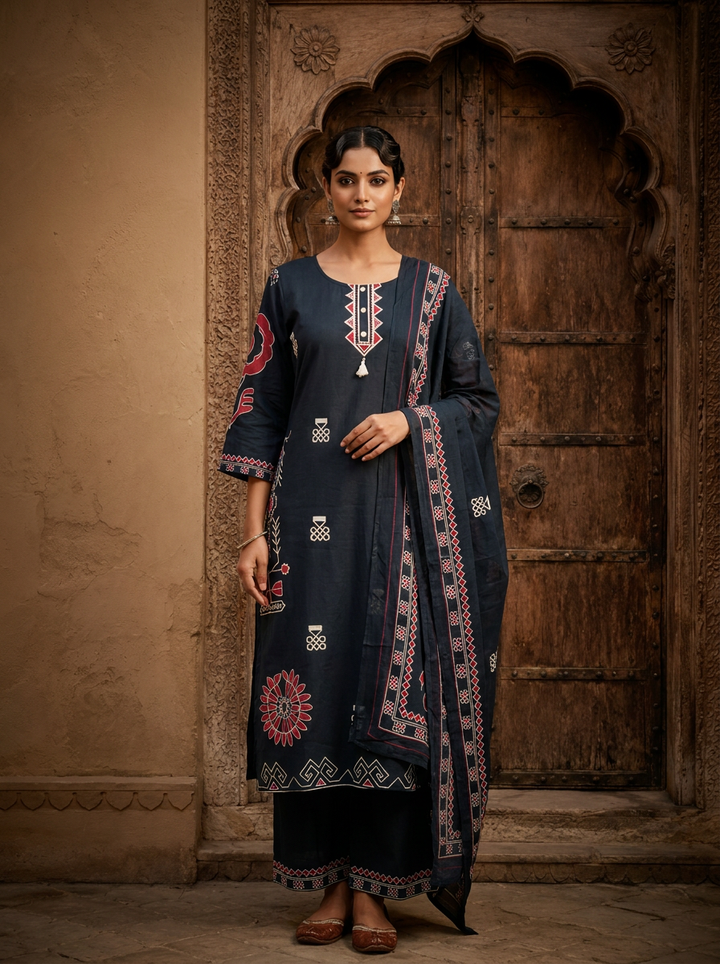 Navy Blue Solid Printed Cotton Three Piece Set