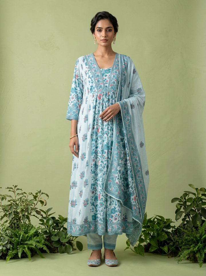 Sky Blue Floral Printed And Patch Embroidered Cotton Three Piece Set