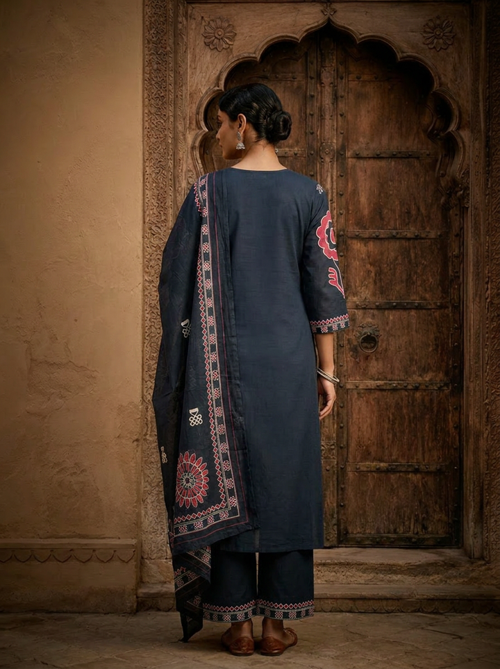 Navy Blue Solid Printed Cotton Three Piece Set
