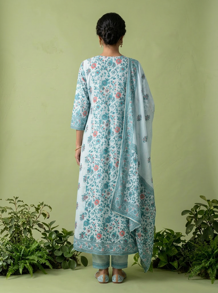 Sky Blue Floral Printed And Patch Embroidered Cotton Three Piece Set