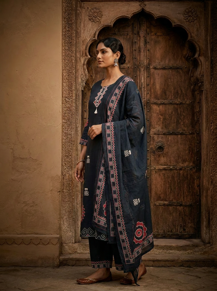 Navy Blue Solid Printed Cotton Three Piece Set
