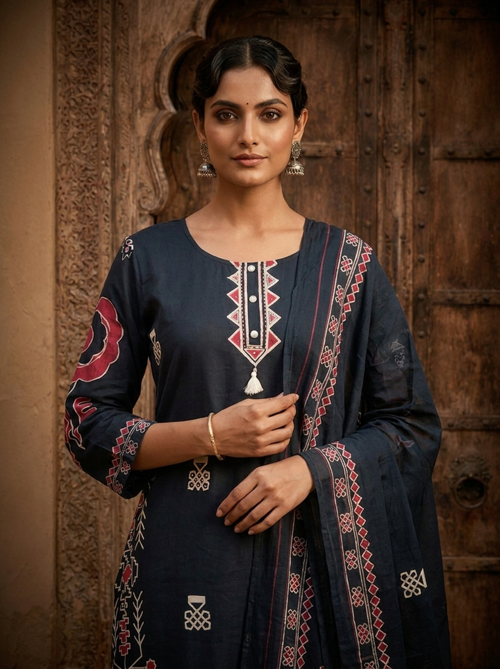 Navy Blue Solid Printed Cotton Three Piece Set