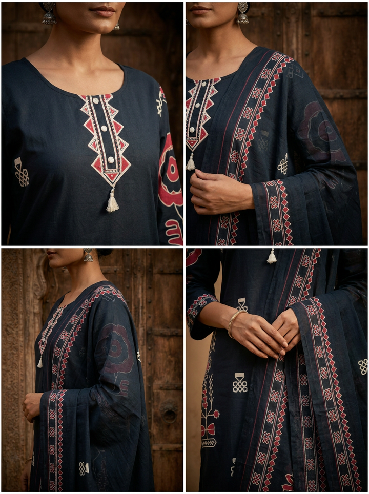 Navy Blue Solid Printed Cotton Three Piece Set