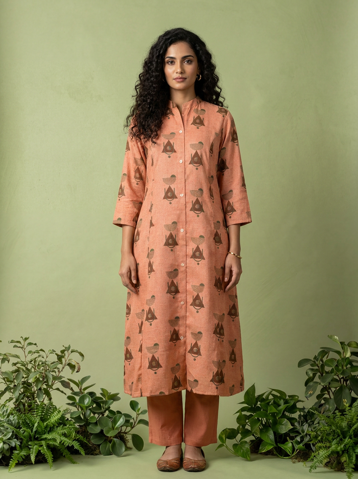 Peach Printed Linen Two Piece Set