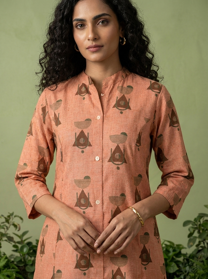 Peach Printed Linen Two Piece Set