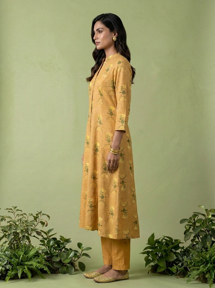 Mustard Printed Linen Two Piece Set