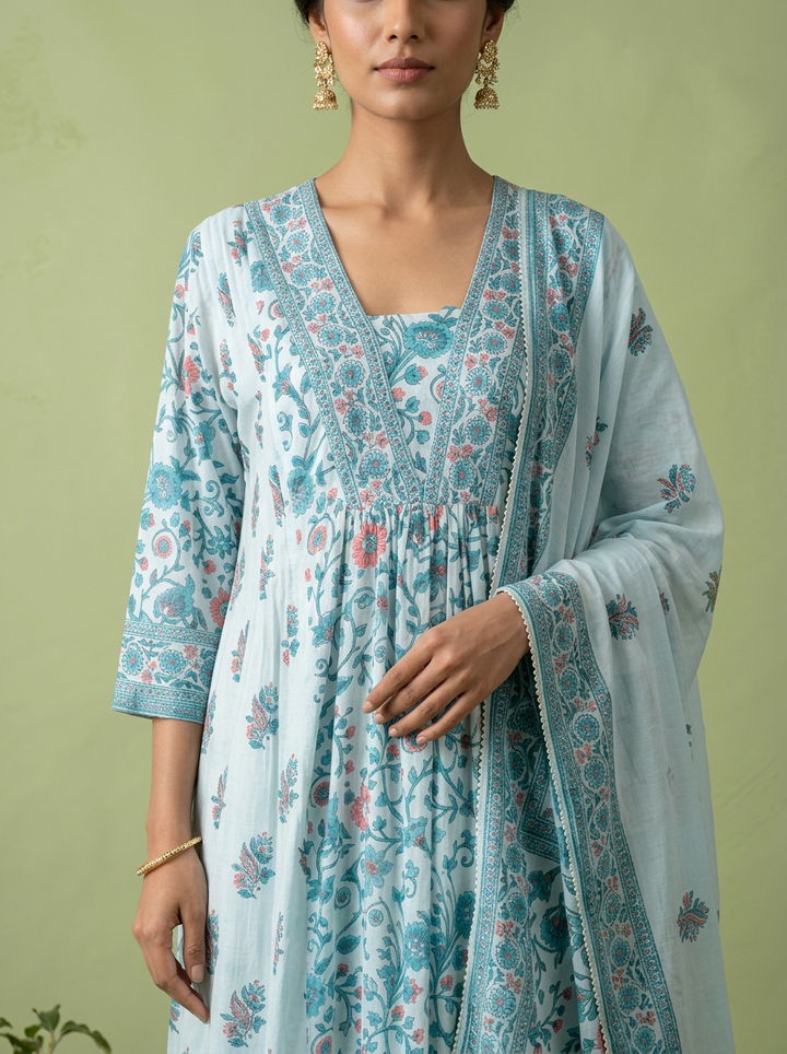 Sky Blue Floral Printed And Patch Embroidered Cotton Three Piece Set