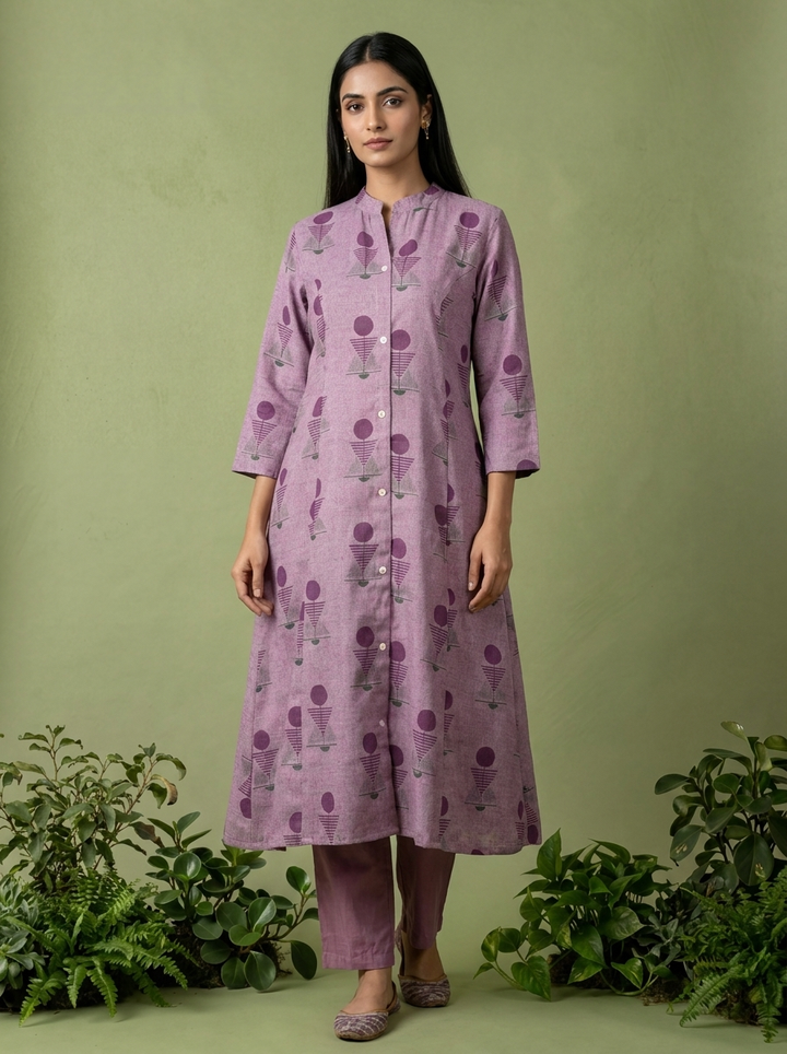 Purple Linen Hand Block Printed Two Piece Set