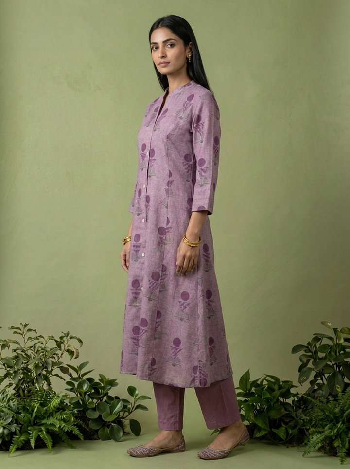 Purple Linen Hand Block Printed Two Piece Set