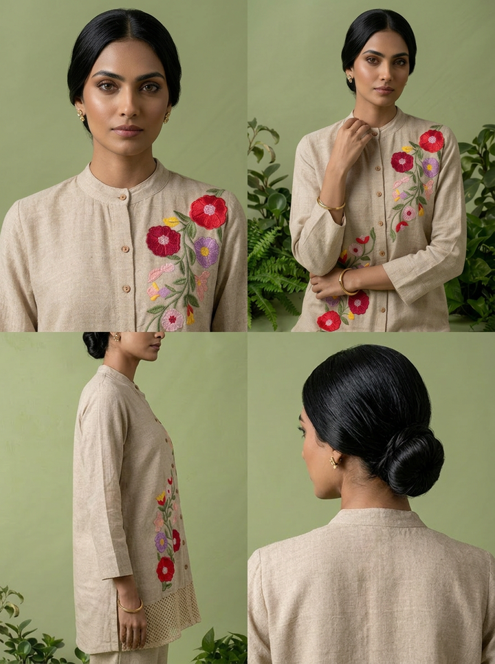 Beige Jute Fabric Two Piece Set