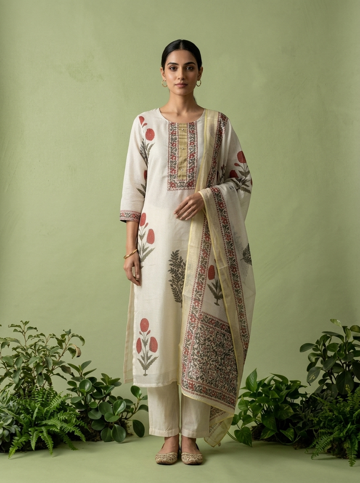 Off White Printed Cotton Three Piece Set