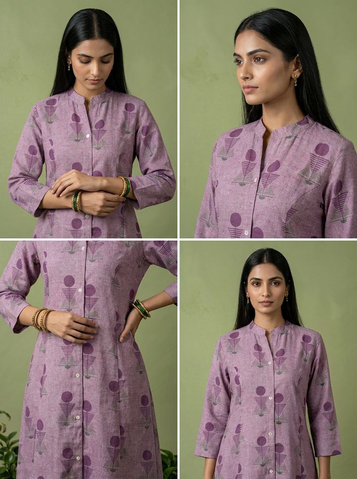 Purple Linen Hand Block Printed Two Piece Set