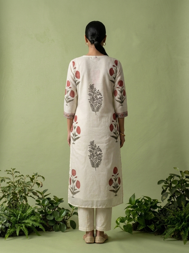 Off White Printed Cotton Three Piece Set
