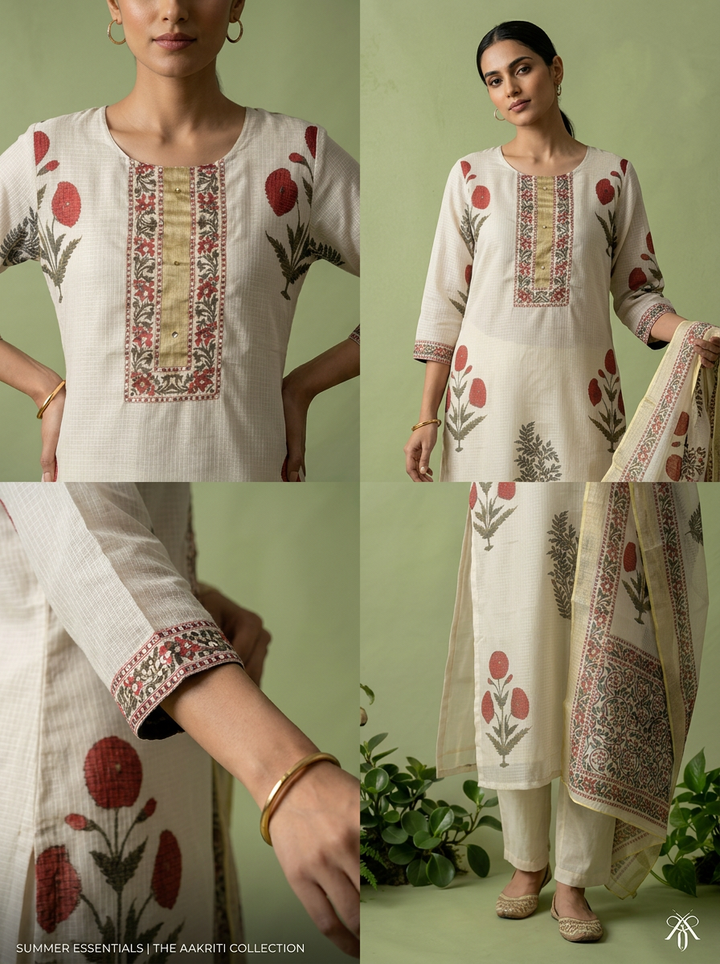 Off White Printed Cotton Three Piece Set