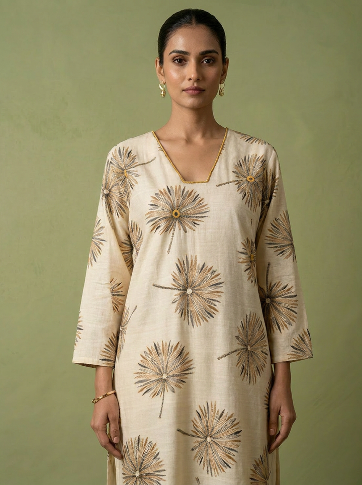 Cream Printed Rayon Two Piece Set