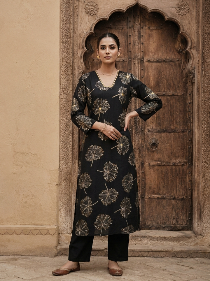 Black Printed Rayon Two Piece Set