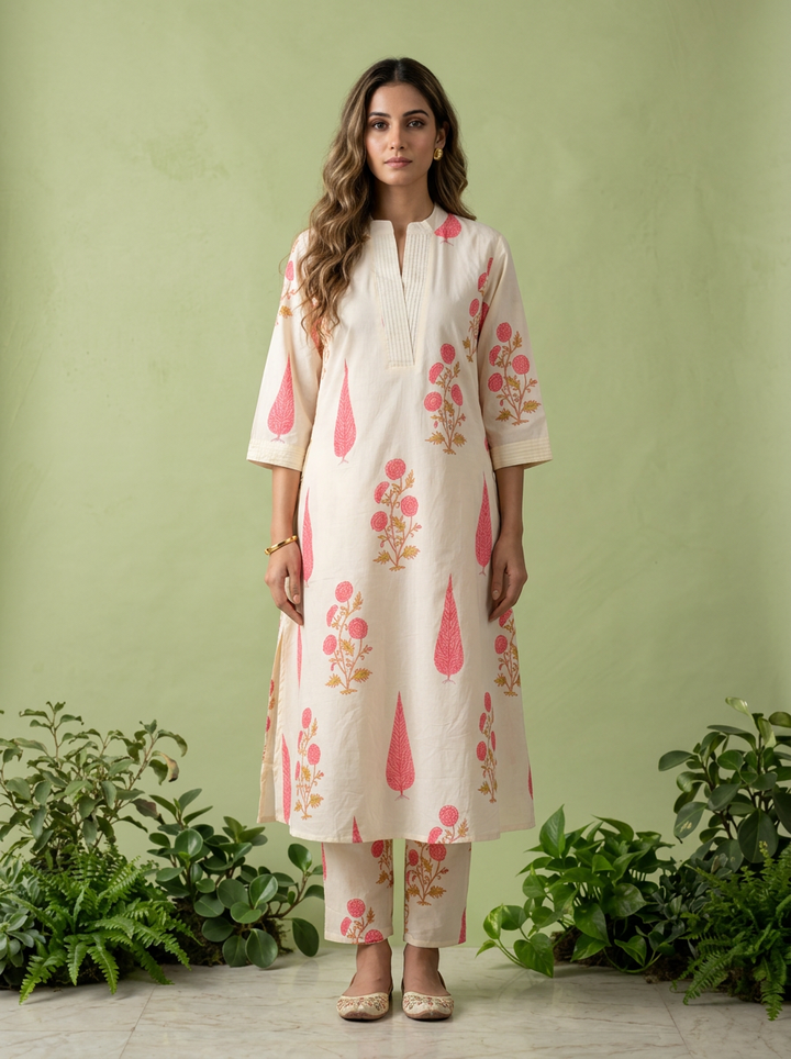 Rose Pink Cotton Floral Printed And Pleated Two Piece Set