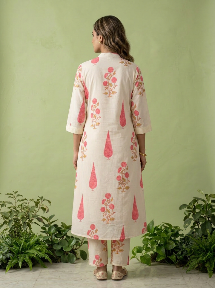 Rose Pink Cotton Floral Printed And Pleated Two Piece Set