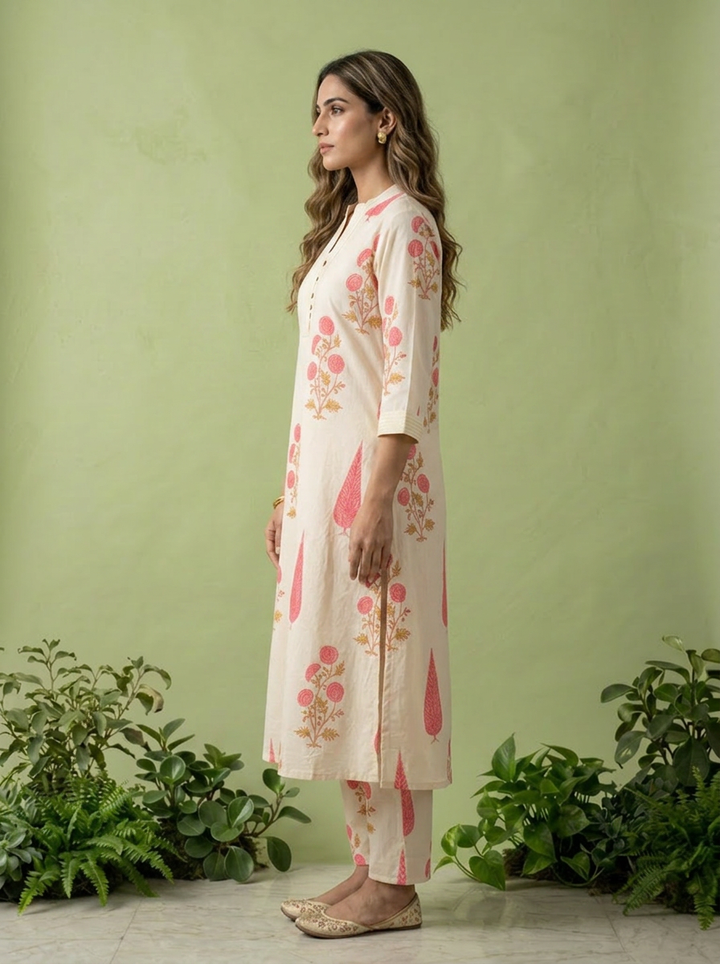 Rose Pink Cotton Floral Printed And Pleated Two Piece Set