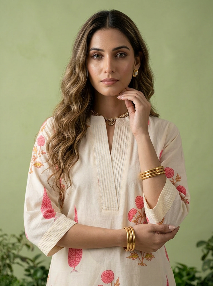 Rose Pink Cotton Floral Printed And Pleated Two Piece Set