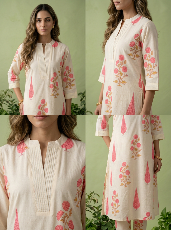 Rose Pink Cotton Floral Printed And Pleated Two Piece Set
