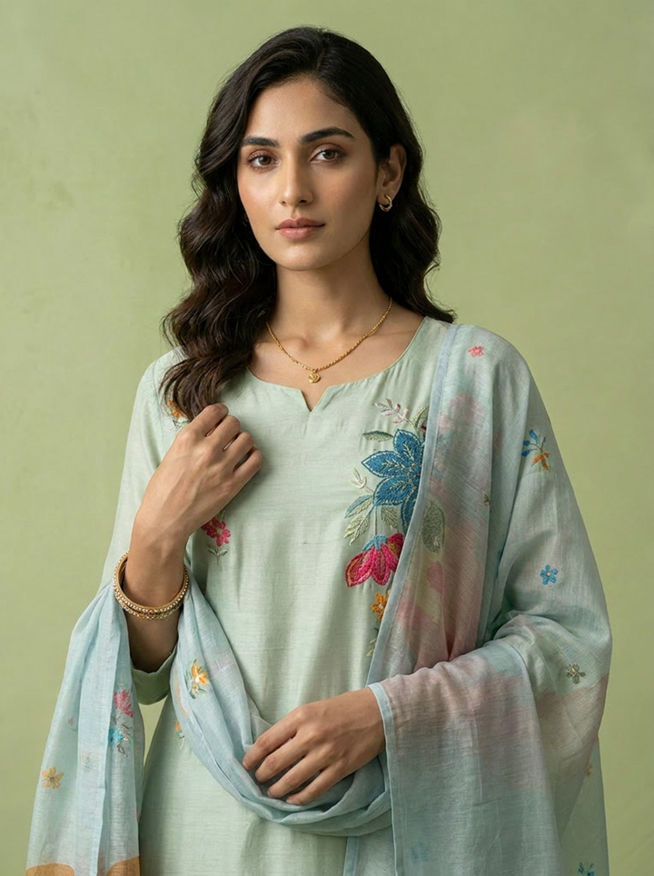 Aqua Muslin Heavy Floral Thread Embroidery Three Piece Set