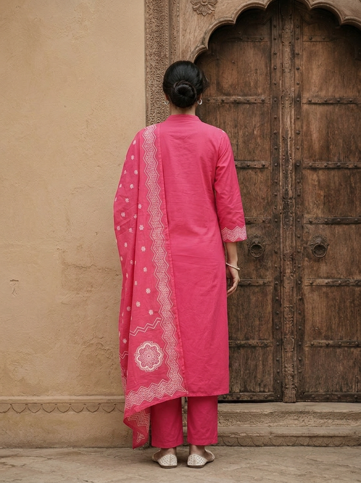 Rose Cotton Chevron And Floral Printed Three Piece Set