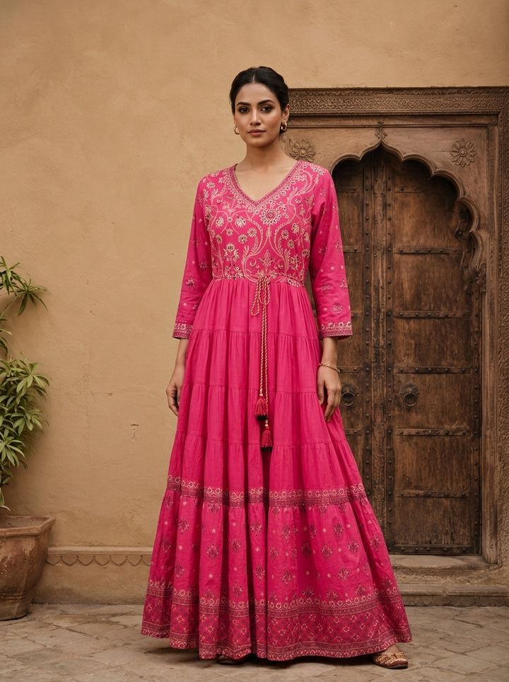 Rose Pink Cotton Floral Printed Dress