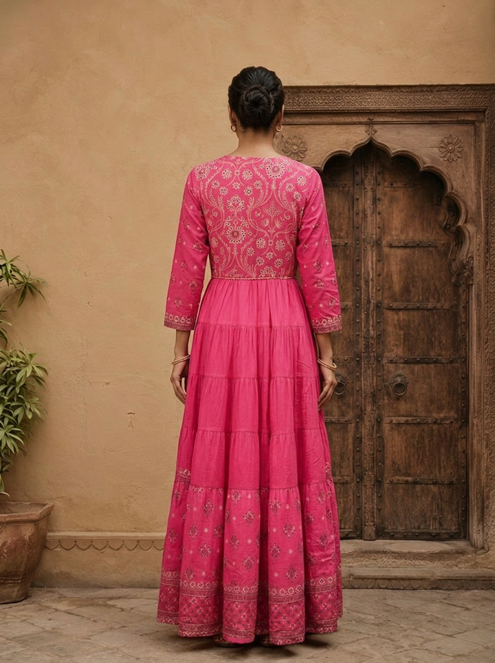 Rose Pink Cotton Floral Printed Dress