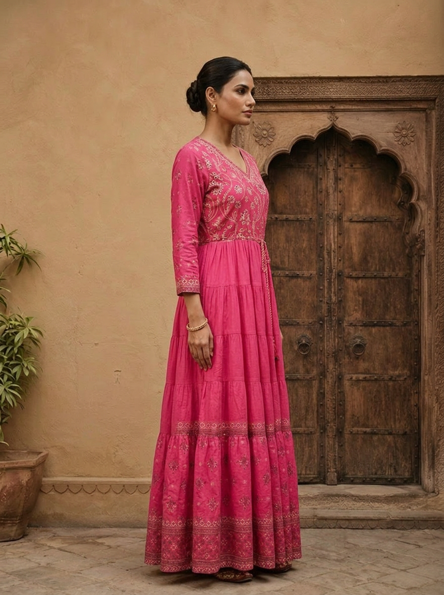 Rose Pink Cotton Floral Printed Dress