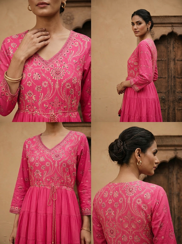 Rose Pink Cotton Floral Printed Dress