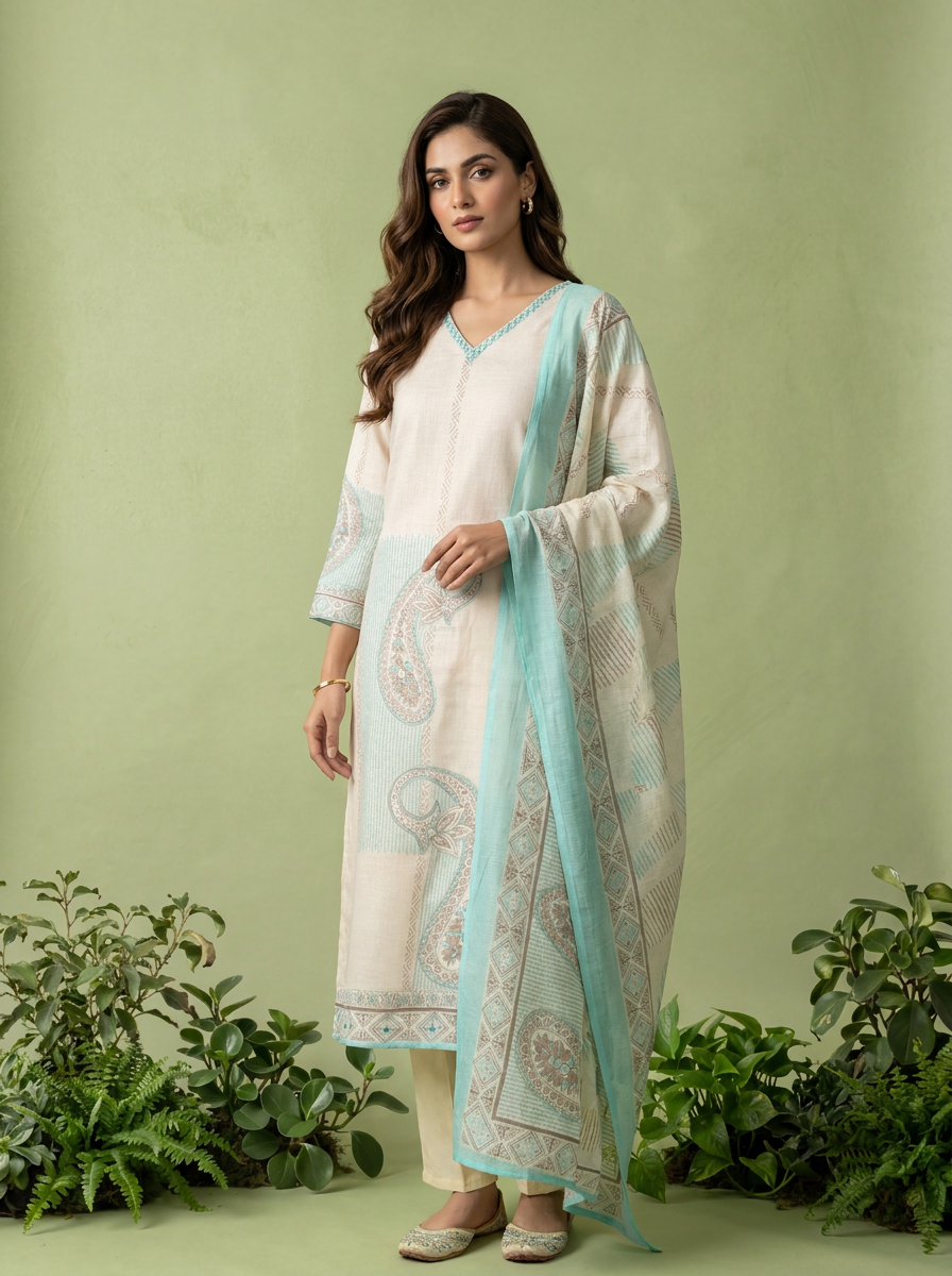 Ferozi And Cream Linen Paisley And Floral Printed Three Piece Set