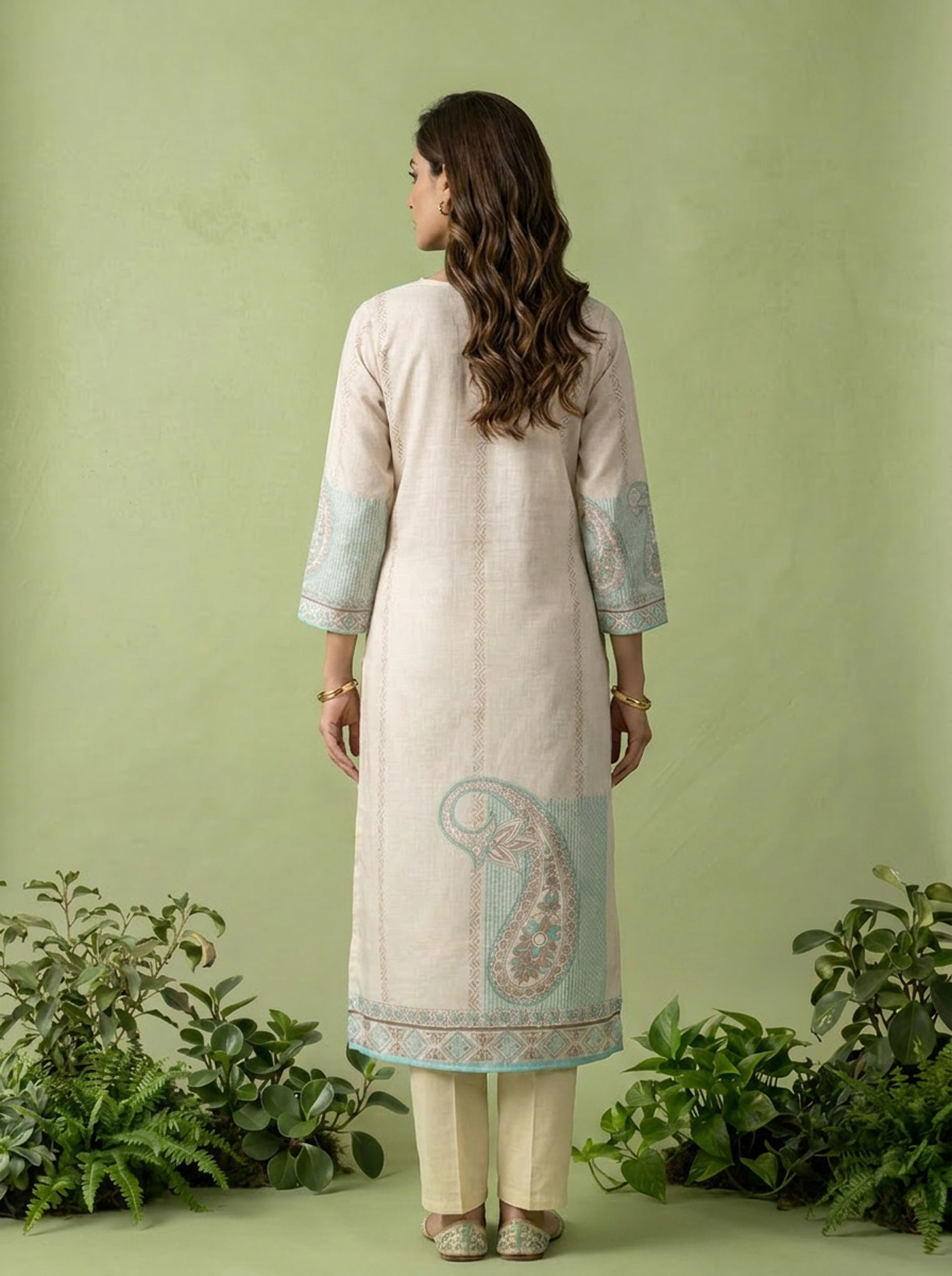 Ferozi And Cream Linen Paisley And Floral Printed Three Piece Set