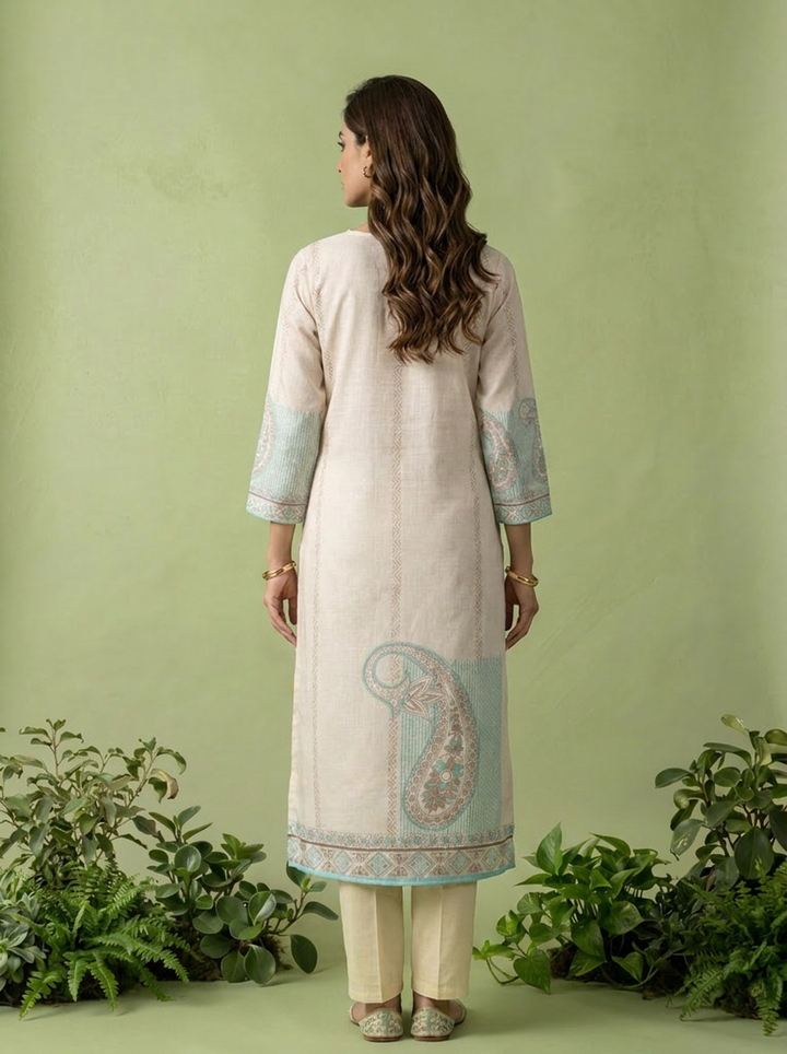 Ferozi And Cream Linen Paisley And Floral Printed Three Piece Set
