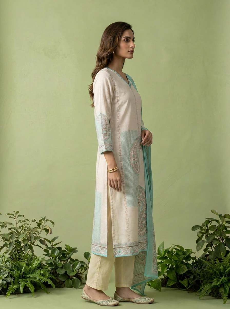 Ferozi And Cream Linen Paisley And Floral Printed Three Piece Set