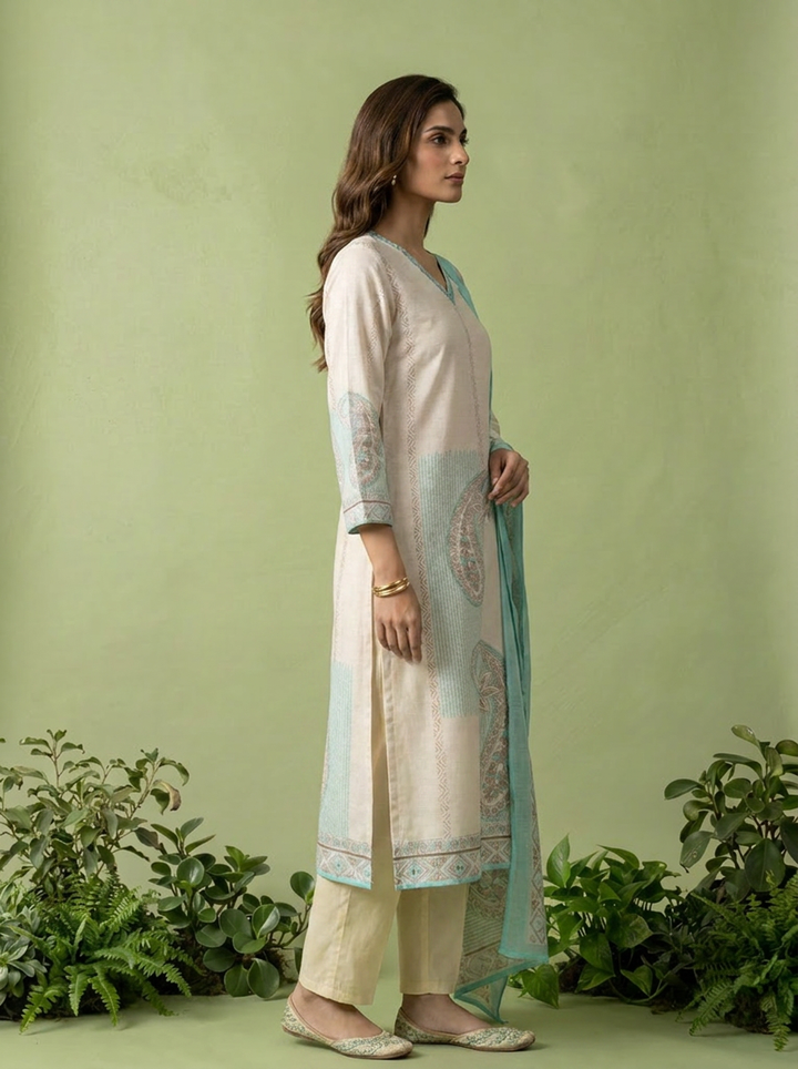 Ferozi And Cream Linen Paisley And Floral Printed Three Piece Set