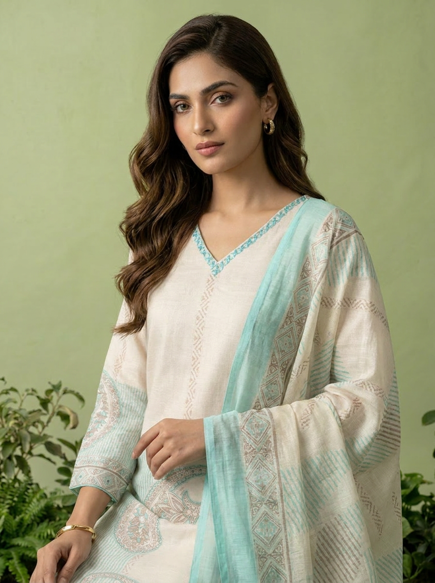 Ferozi And Cream Linen Paisley And Floral Printed Three Piece Set
