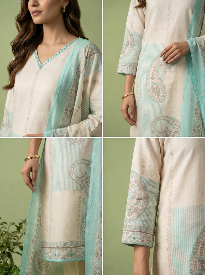Ferozi And Cream Linen Paisley And Floral Printed Three Piece Set