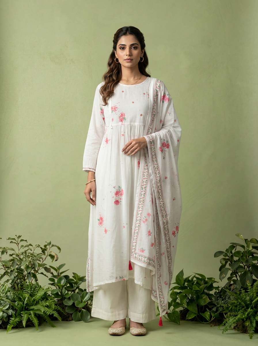 Pink And White Cotton Printed And Sequins Embroidery Three Piece Set