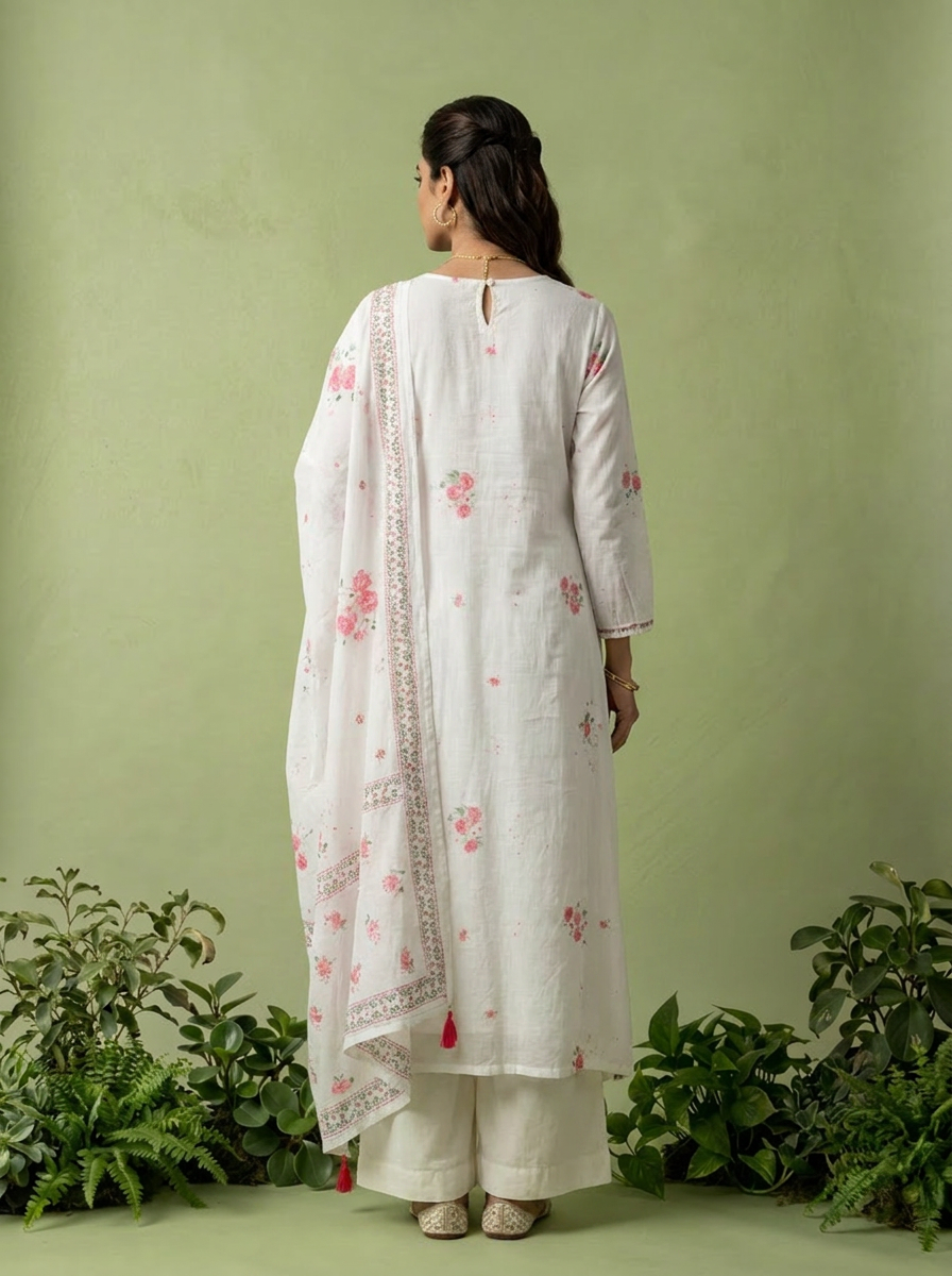Pink And White Cotton Printed And Sequins Embroidery Three Piece Set