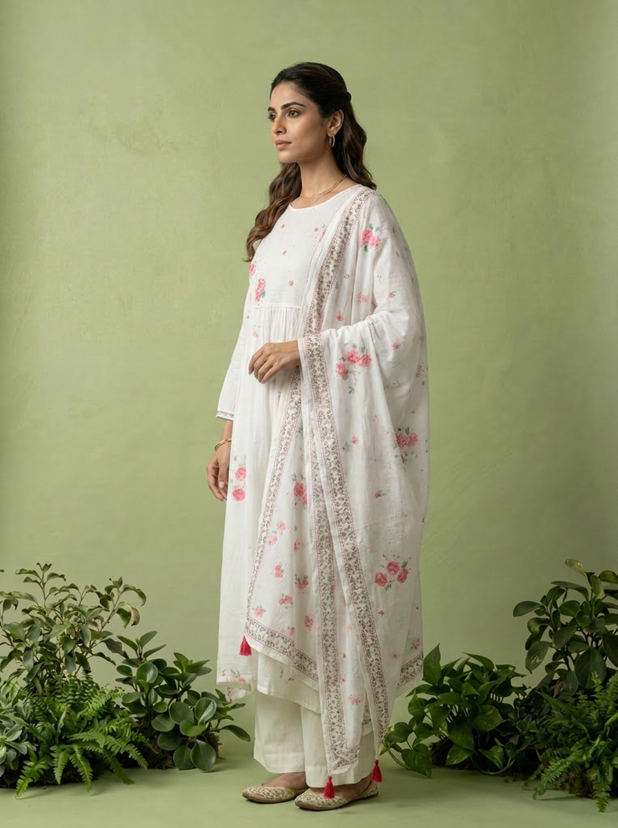 Pink And White Cotton Printed And Sequins Embroidery Three Piece Set