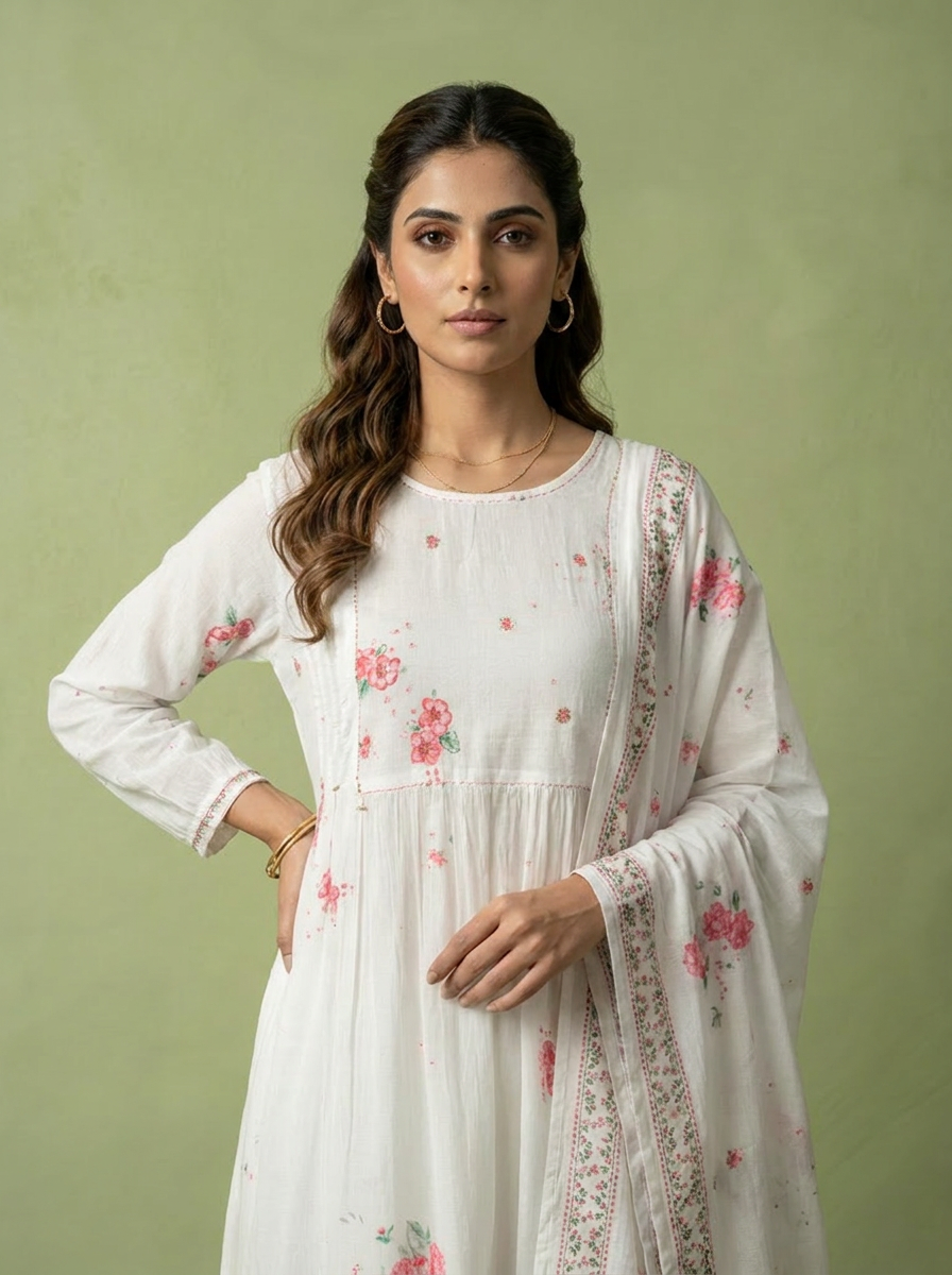 Pink And White Cotton Printed And Sequins Embroidery Three Piece Set