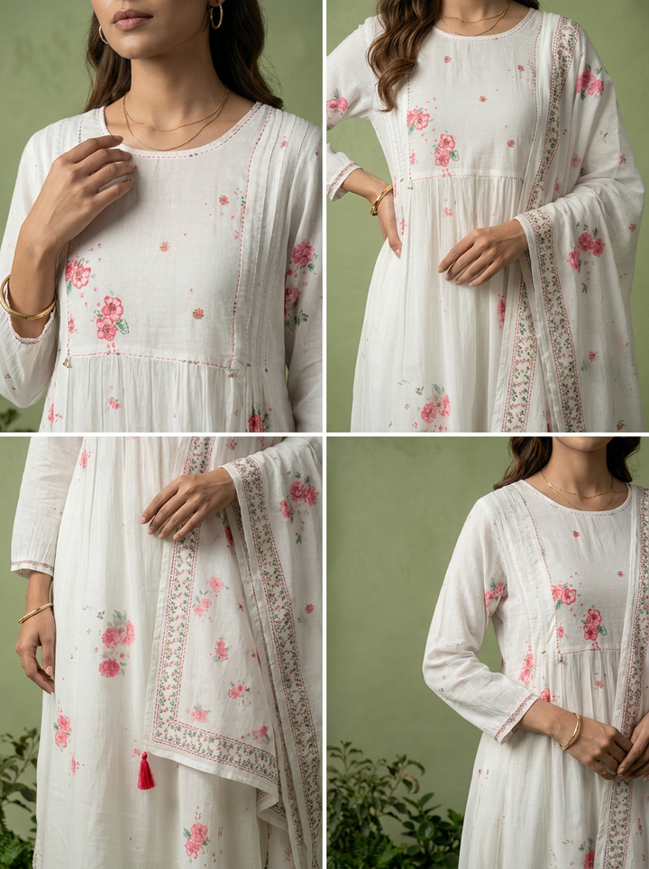 Pink And White Cotton Printed And Sequins Embroidery Three Piece Set