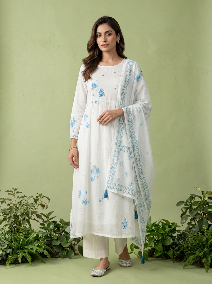 Blue And White Cotton Printed And Sequins Embroidery Three Piece Set