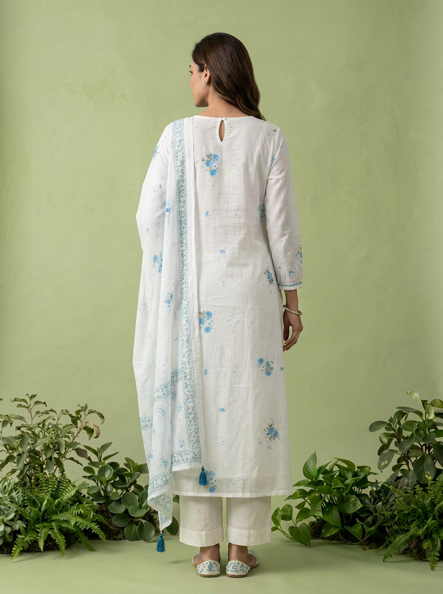 Blue And White Cotton Printed And Sequins Embroidery Three Piece Set