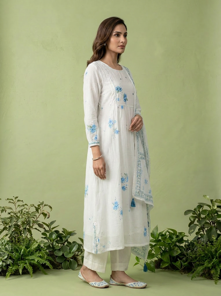 Blue And White Cotton Printed And Sequins Embroidery Three Piece Set