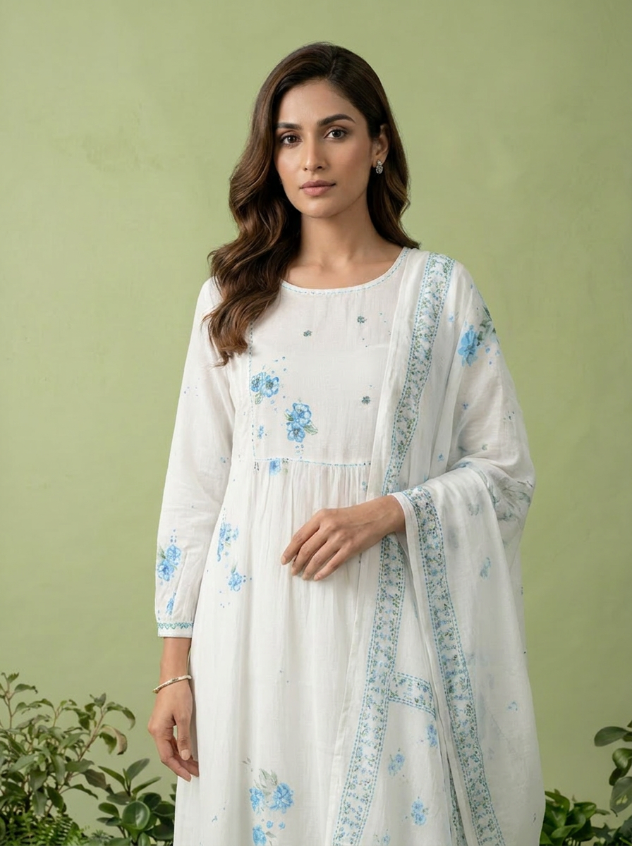 Blue And White Cotton Printed And Sequins Embroidery Three Piece Set