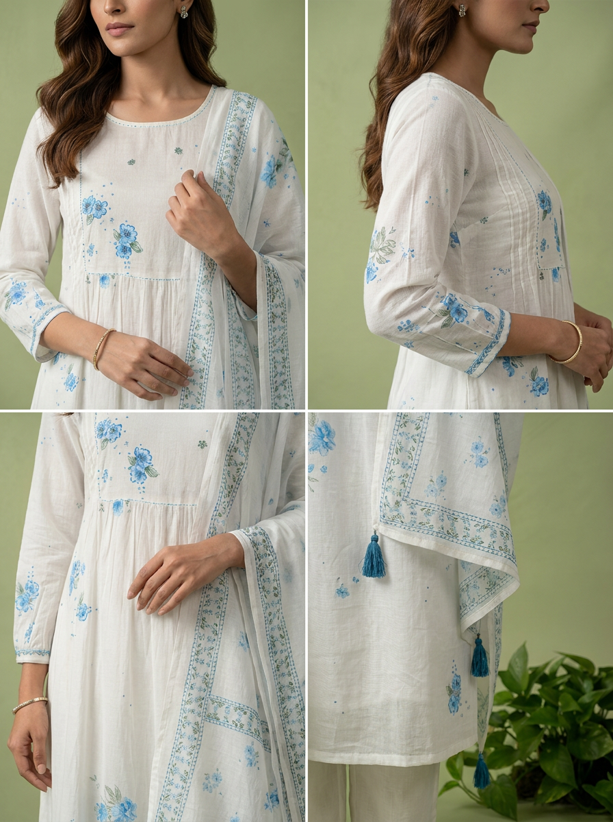 Blue And White Cotton Printed And Sequins Embroidery Three Piece Set