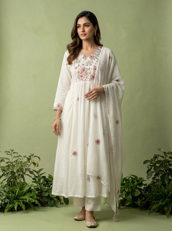 White Cotton Floral Hand Embroidery Three Piece Set